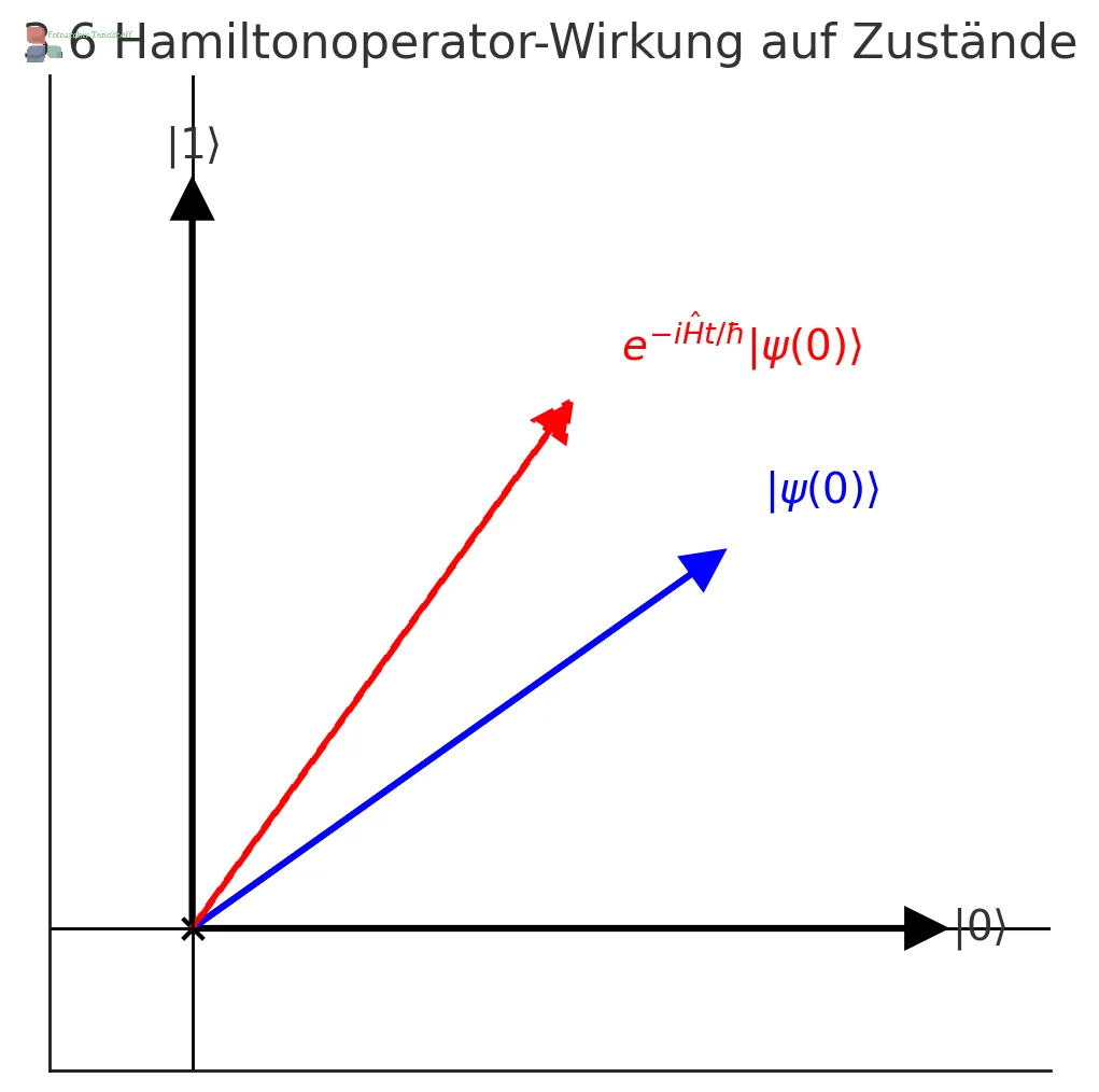 Es zeigt, wie ein Zustand ∣ψ(0)⟩∣ψ(0)⟩ durch den Hamiltonoperator e−iH^t/ℏe−iH^t/ℏ in einen neuen Zustand transformiert wird.