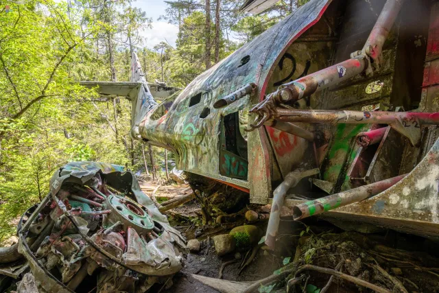 Shattered fuselage and missing engine