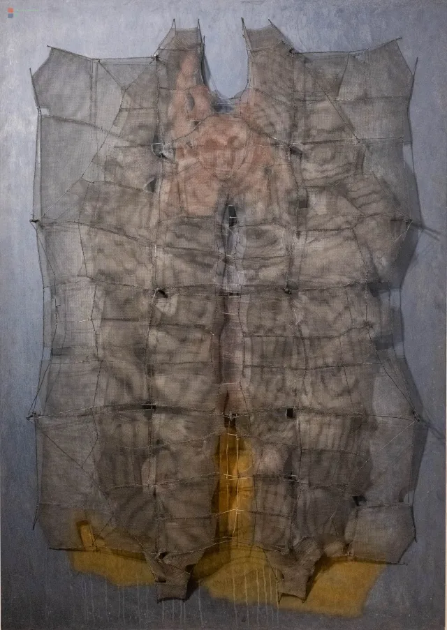 Manuel Rivera (Granada 1927 – Madrid 1995) Metamorfosis (Espejo del duende), 1963 Metallgewebe, Draht und Farbe auf Sperrholz