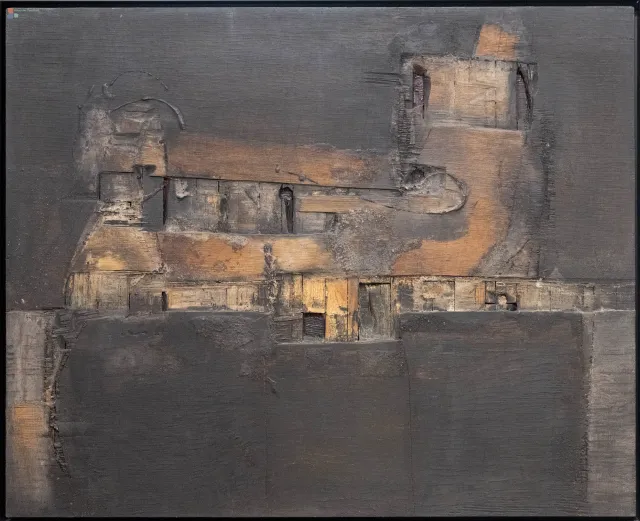 Lucio Muñoz (Madrid 1929 – 1998) Estructura verde y negra, 1961 Assemblage aus Holz und Farbe auf Holztafel