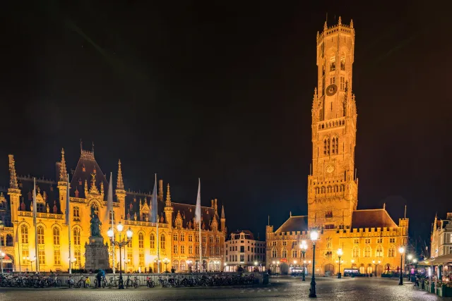 The Bruges Belfry on the Great Market at night