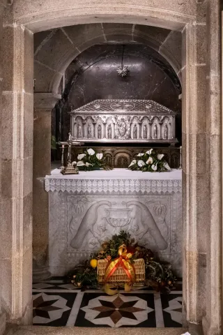 A silver shrine in the crypt under the high altar containing the bones of St. Jacob