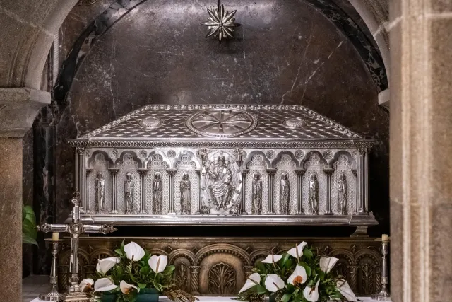 A silver shrine in the crypt under the high altar containing the bones of St. James