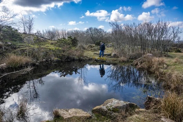 Karin is reflected in the pond at Hammerfyr
