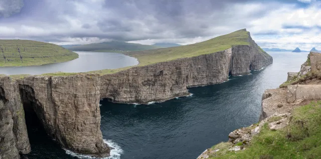 Lake Leitisvatn, which flows over a waterfall into the North Atlantic