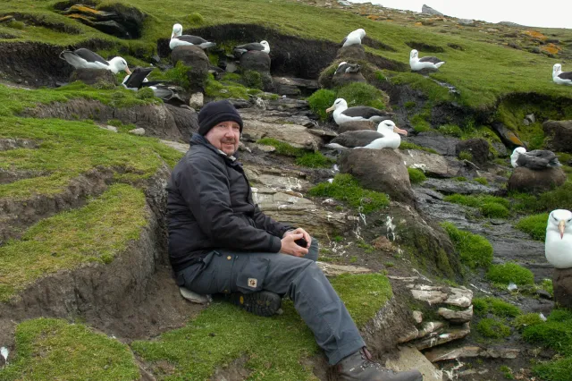 Jürgen with the albatrosses at the Neck on Saunders